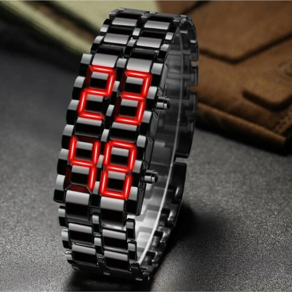 LED Digital Watch, Black & Red Stainless Steel Lava Style, Samurai Bracelet - Picture 7 of 9